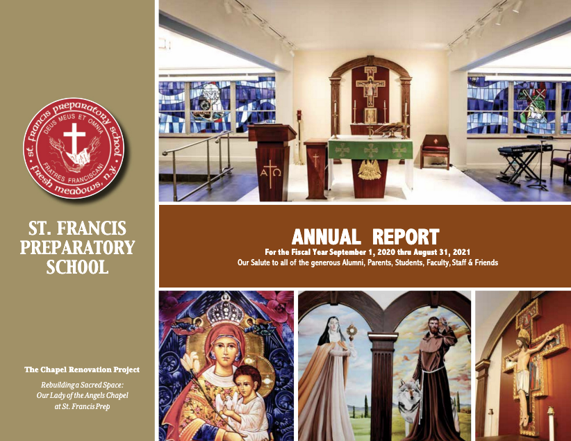 St. Francis Preparatory School Annual Report cover featuring the campus chapel and religious artwork