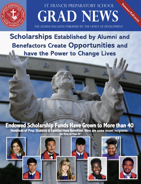 St. Francis Preparatory School GradNews alumni magazine cover highlighting alumni-funded scholarships