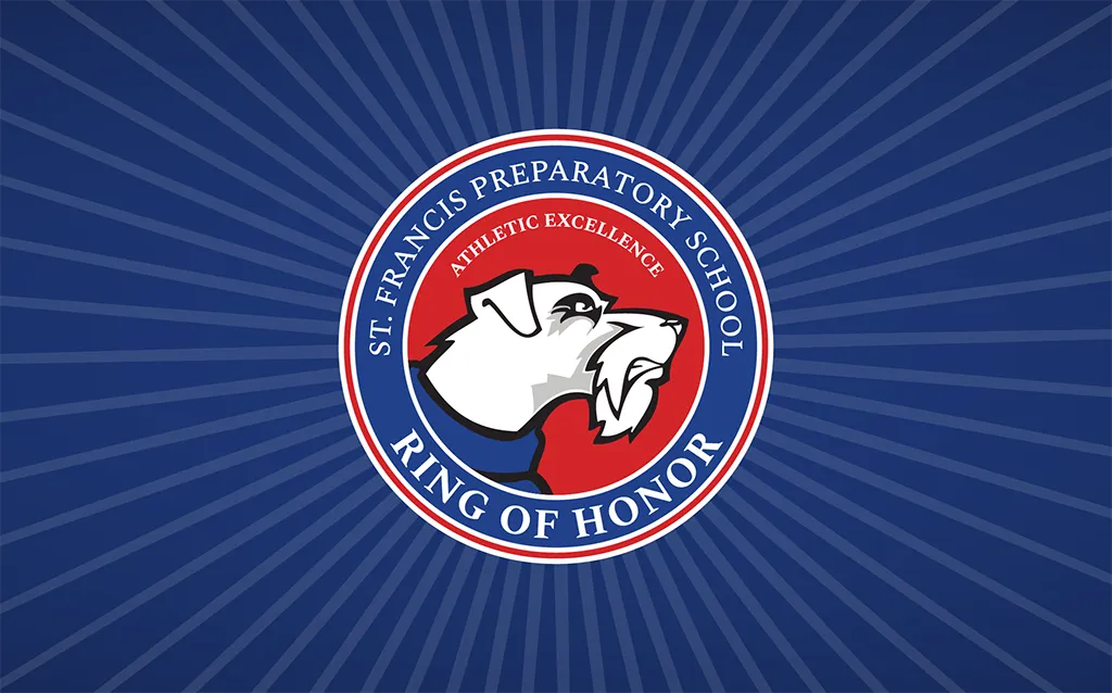 St. Francis Preparatory School Ring of Honor emblem featuring a tiger head, with the words ‘Athletic Excellence’ on a blue radial background.